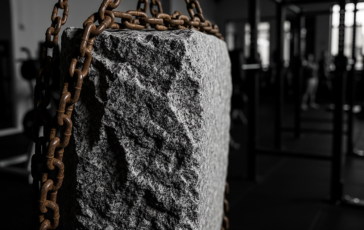 Massiver Granitblock in Industrieketten